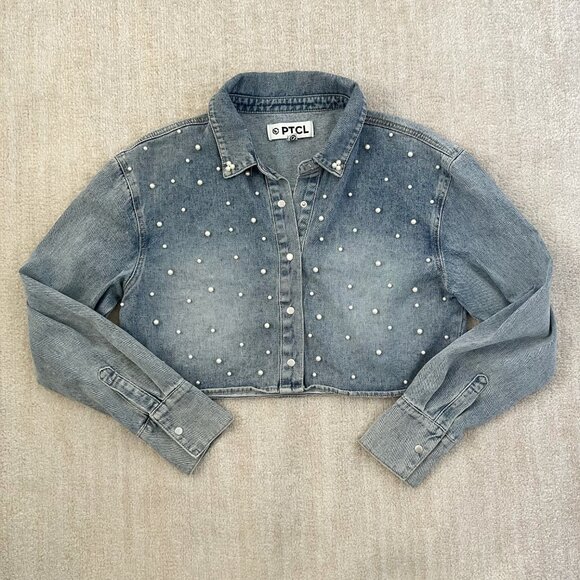 PTCL Pearl Blue Cropped Long Sleeve Shirt Top Shacket L - Picture 1 of 10